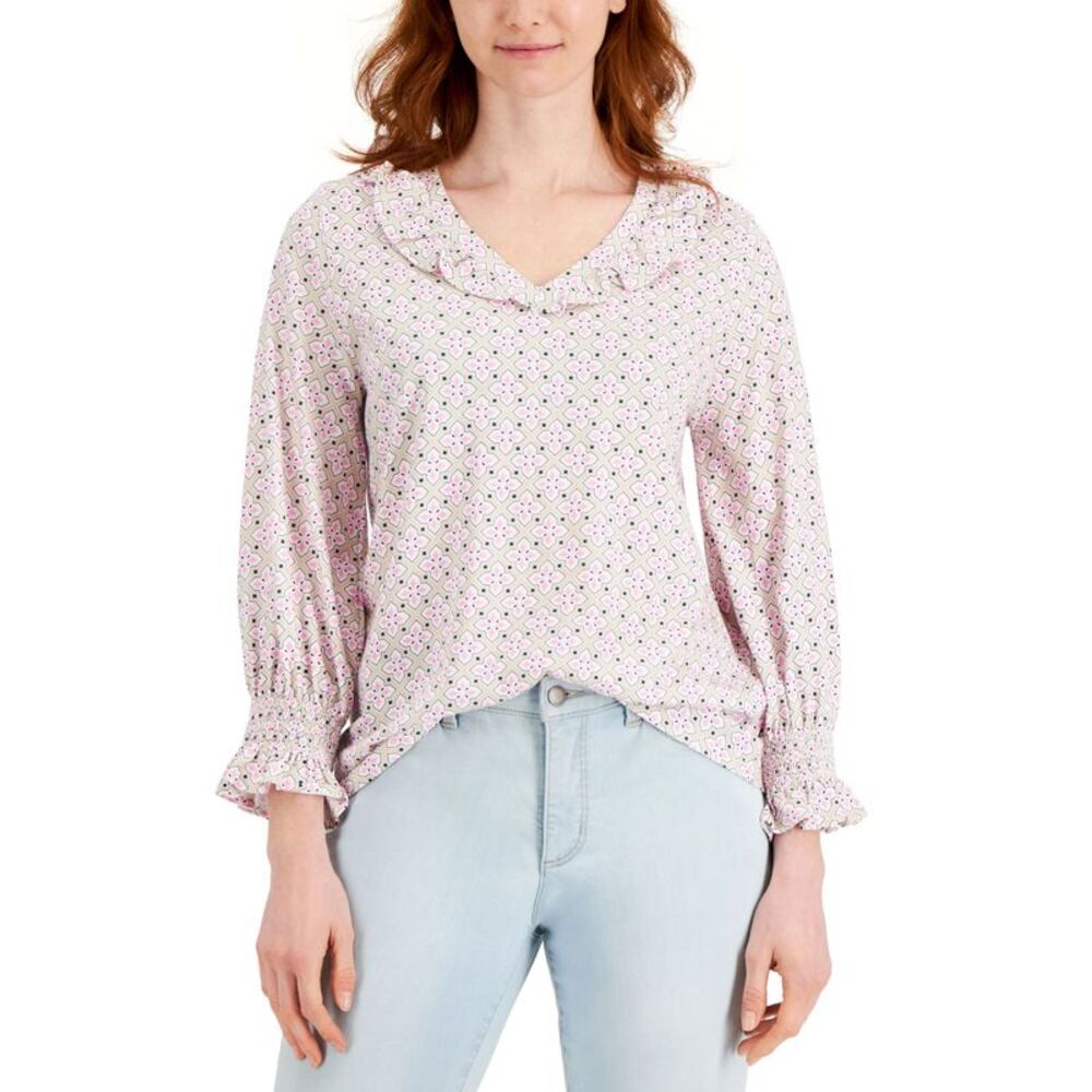Charter Club Geo-Print Ruffled-Collar 3/4-Sleeve Top